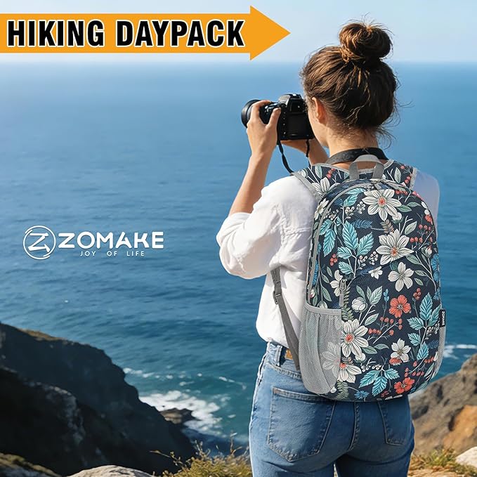 ZOMAKE Lightweight Packable Backpack,Foldable Backpacks Small Daypack for Hiking Water Resistant Day Bag for Travel(Navy blue,Floral pattern)