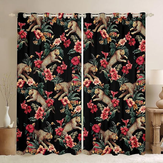 Brown Leopard Window Curtain | Tropical Palm Leaf Window Treatment Curtain for Girls Bedroom Decor,Wild Animals Cheetah Curtains Vintage Africa Jungle Living Room Top 2 Panels,42Wx84L