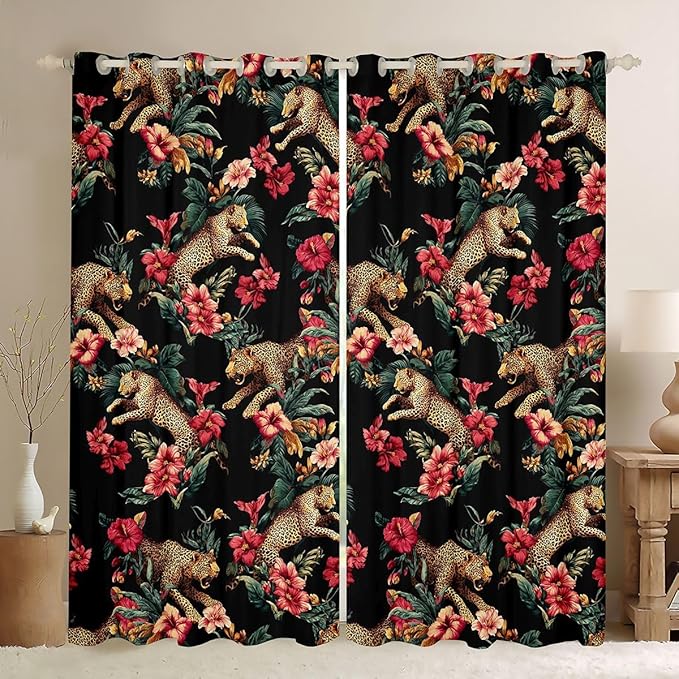 Brown Leopard Window Curtain | Tropical Palm Leaf Window Treatment Curtain for Kids Bedroom Decor,Wild Animals Cheetah Curtains Vintage Africa Jungle Living Room Top 2 Panels,38Wx45L