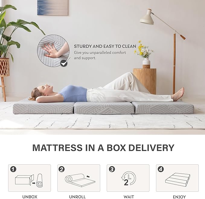 Tri-Fold Memory Foam Mattress, 6 inch Full Folding Topper with Collapsible and Washable Cover, Travel and Guest Mat, 75"×54"×6", Grey