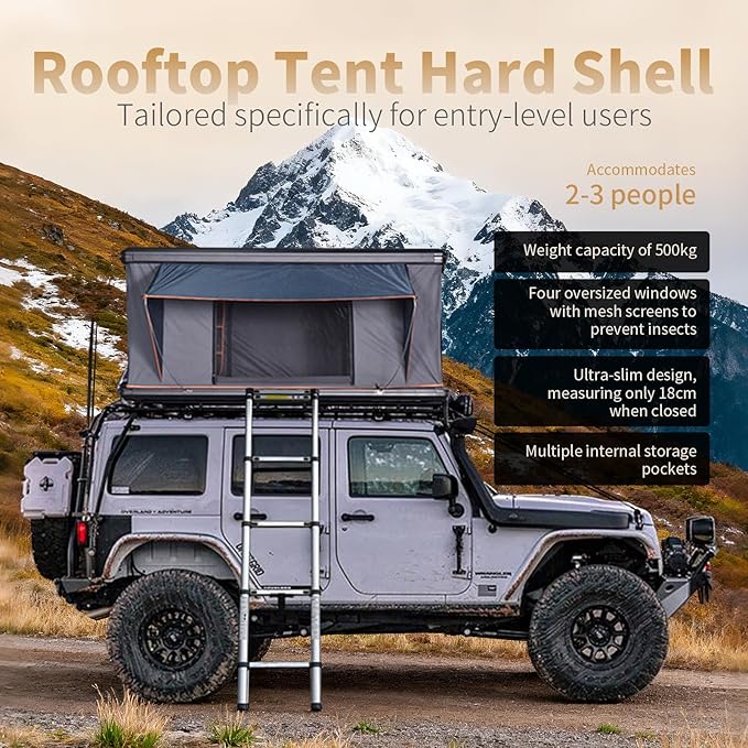 Hard Shell Roof Top Tent with Adjustable Roof Crossbars, 1-Minute Setup, 2-3 Person All-Season Camping Tent, Includes 3" Mattress, Ladder & LED Light - for SUV, Truck, Van(Standard Version)