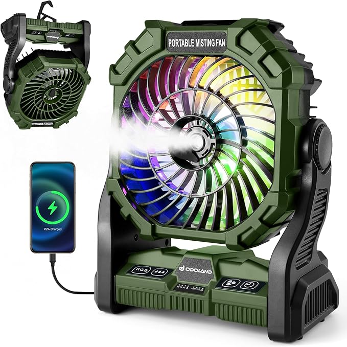 Odoland Portable Misting Fan, Camping Fan with Light & 250mL Water Tank,10000mAh Battery Operated Rechargeable Mister Tent Fans with Hook, Cooling Mist Fans for Outdoor Patios Beach RV Car Summer