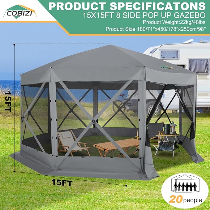 COBIZI 15x15 FT Pop Up Gazebo - Canopy Tent, Large Gazebos On Clearance,Instant Screened in Gazebo,carpas para Patio,Portable Screen Tents for 12-15 Persons Outdoor Camping, Backyard,Gray