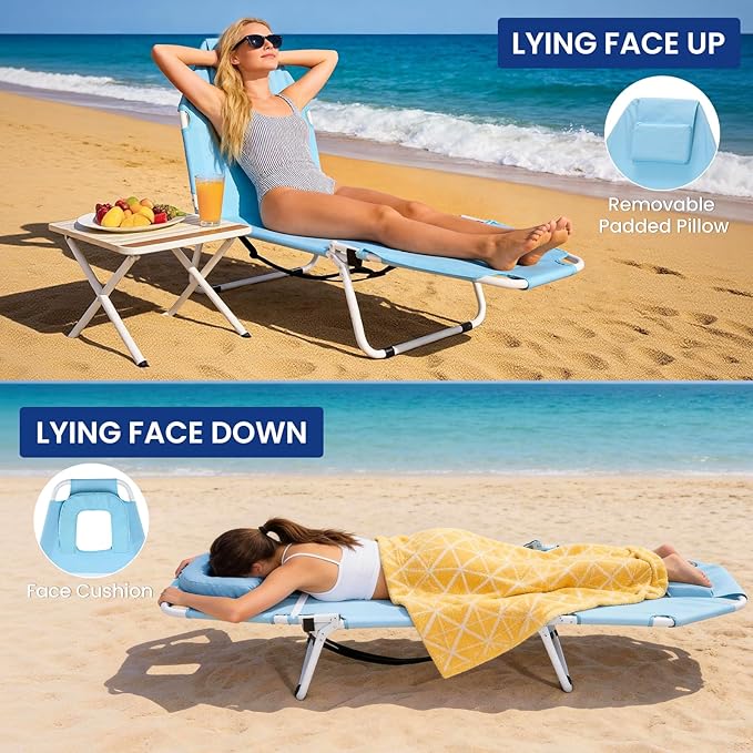LILYPELLE Tanning Chair with Face Hole, Heavy Duty Outside Lounge Chair with Mattress, Folding Outdoor Face Down Tanning Chairs Arm Hole for Beach Poolside Patio Sunbathing Lawn Camping