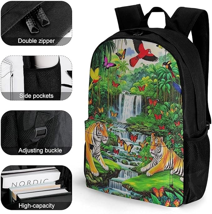 Supdreamc Daypack Bookbag Multipurpose Anti-Theft Big Capacity Carry On Bag, King Of The Tiger Tropical Rainforest Landscape Jungle Parrot Birds Travel Hiking Camping Rucksack With Padded Straps