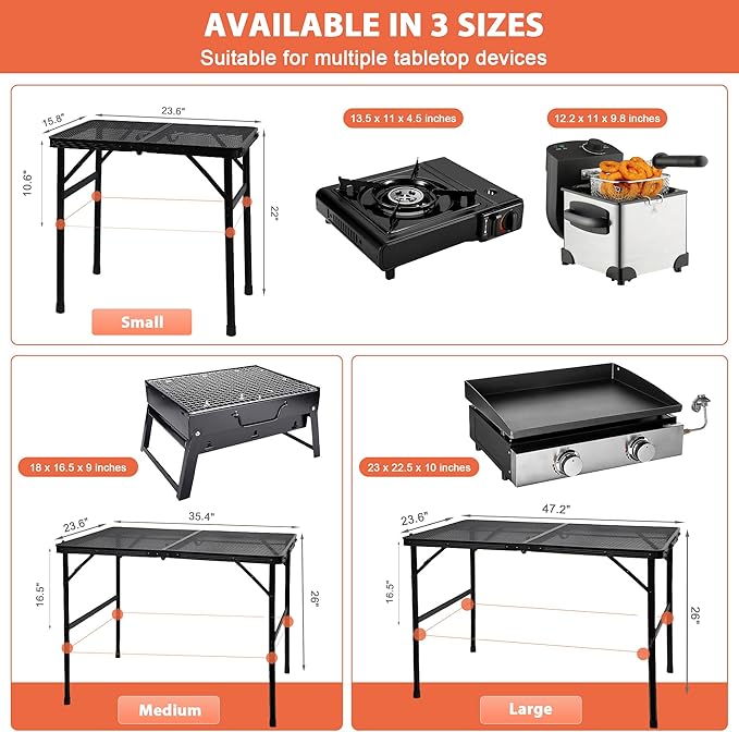 Camping Table with Mesh Desktop, Lightweight & Portable Folding Grill Table, Height Adjustable Metal Outdoor Table for Camp, Cooking, BBQ, RV, Picnic-3 FT Black