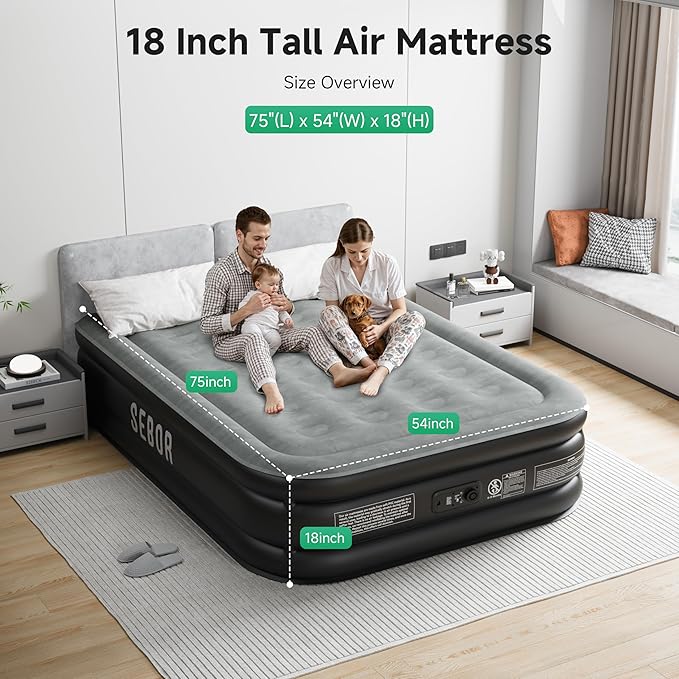 Sebor Air Mattress Full with Built-in Pump 18", Comfortable Self-Inflating Air Mattress with High-Speed Pump, Durable Blow Up Mattress Full with Storage Bag for Guests, Camping, Travel