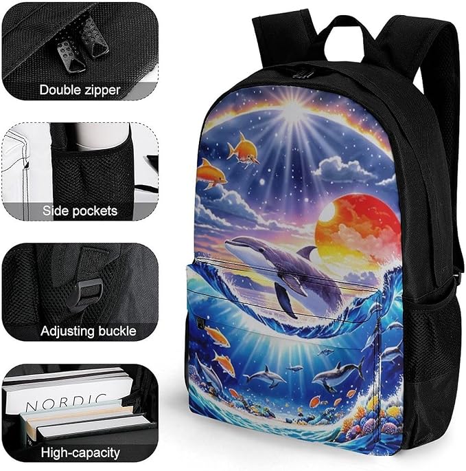 Rucksacks Lightweight Multipurpose Anti-Theft Dolphin Underwater World Rainbow Shoulder Bag Big Capacity Traveling Camping Backpack With Side Pockets