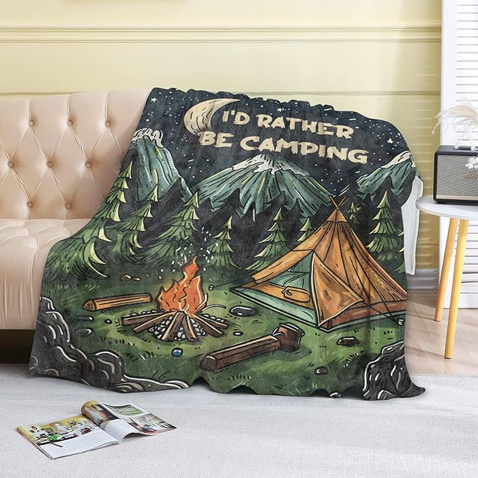 Camping Fleece Blanket - 40x50in Nighttime Forest Campfire and Tent Throw Blankets,Soft Cozy Lightweight, Ideal for Living Room Home Rustic Decor and Kids Women Girls Spring Gifts