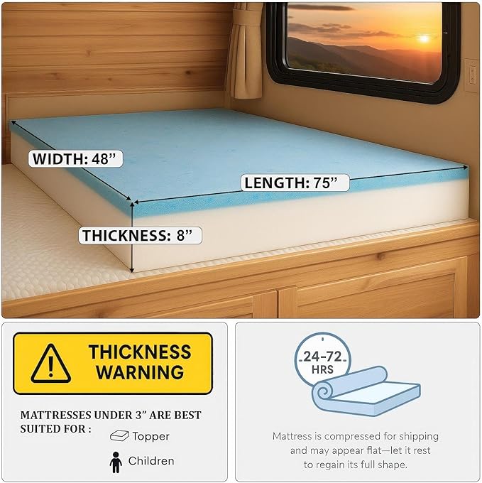 Foamma 8" x 48" x 75", Medium Firm with Gel Memory Foam (No Cover), Mattress Replacement for RV Bunk, Camper, Truck & Travel Trailer, Back Support, CertiPUR-US Certified, Made in USA