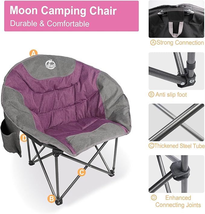 Northroad Folding Compact Camping Moon Chair, Outdoor Padded Saucer Round Chair w/Cup Holder Supports up to 300 lbs for Beach Hiking Fishing Picnic Lawn,Purple&Grey
