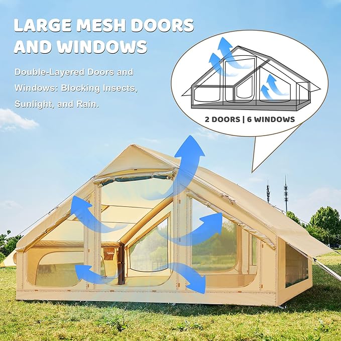 Inflatable Tents for Camping, Blow Up Tent with Hand Pump, Easy Setup Inflatable Hot Tent with Stove Jack, Waterproof Oxford Air Glamping Tents for Camping Adult 4 Person Upgrade Version
