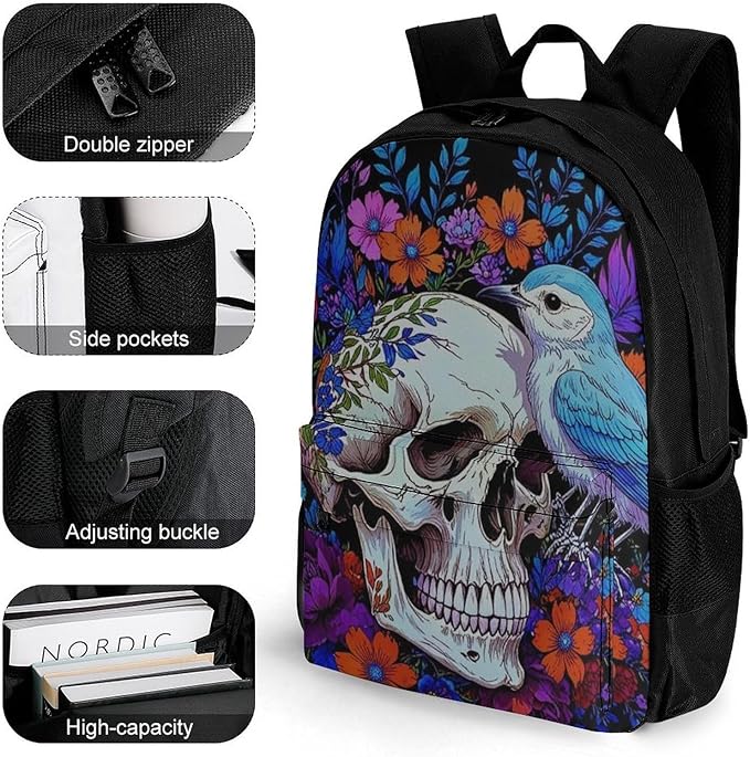 Shoulder Book Bags Anti-Theft Multipurpose Big Capacity Bookbag, Hippie Skull Florals Bird Art Travel Hiking Backpack With Smooth Zippers
