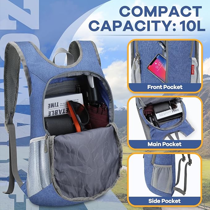 ZOMAKE 10L Ultra Lightweight Packable Backpack, Small Daypack Light Foldable Backpacks Water Resistant Day Bag for Hiking(Dark Blue)