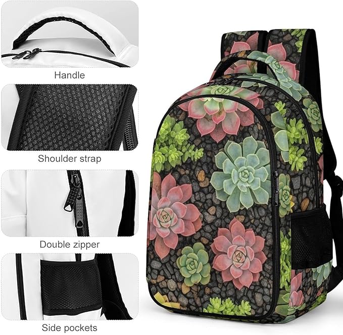 Casual Laptop Backpack Purse Succulent Plants, Cute Travel Bag with Tumbler Holder for Nurse Teacher College Commute