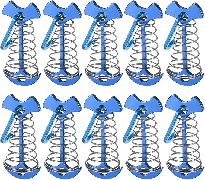 Fishbone Deck Anchor Pegs with Buckles [10PCS] - Aluminium Tent Stakes with Spring Buckle Use for Camping & Hiking - [Blue] Windproof Tie Down Tent Stakes