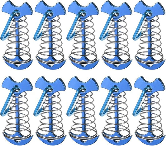 Fishbone Deck Anchor Pegs with Buckles [10PCS] - Aluminium Tent Stakes with Spring Buckle Use for Camping & Hiking - [Blue] Windproof Tie Down Tent Stakes