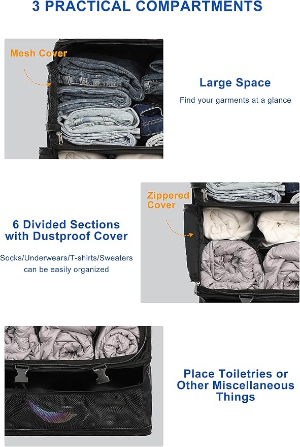 ELEZAY Hanging Packing Cubes Portable Closet 3-Shelf Travel Collapsible Compression Garment Organizer for Carry-on Luggage Suitcase Space Saver Bag XX-Large_No Side Pockets, Black