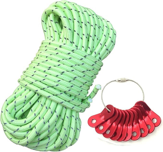 LILUO Glow in The Dark Luminous Reflective Guyline - 5mm 65.6ft/20m Highly Reflective Tent Rope with 10 Aluminum Adjusters/Tensioners