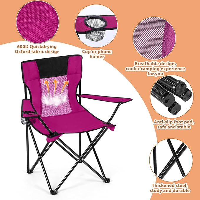 Shellwei 2 PCS Folding Camping Chair with Cupholder and Carry Bag Regular Size Colorful Breathable Portable Lightweight Lawn Chair with Side Pocket for Fishing Hiking Beach Outdoor Activity