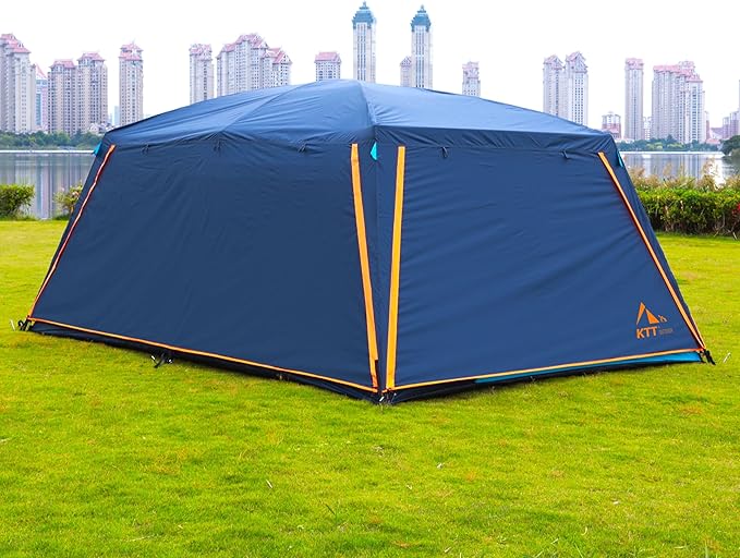KTT Extra Large Tent 12 Person(A),Awning Family Cabin Tents,2 Rooms,4 Doors and 4 Windows with Mesh,Straight Wall,Waterproof,Double Layer,Big Tent for Outdoor,Picnic,Camping,Family Gathering。