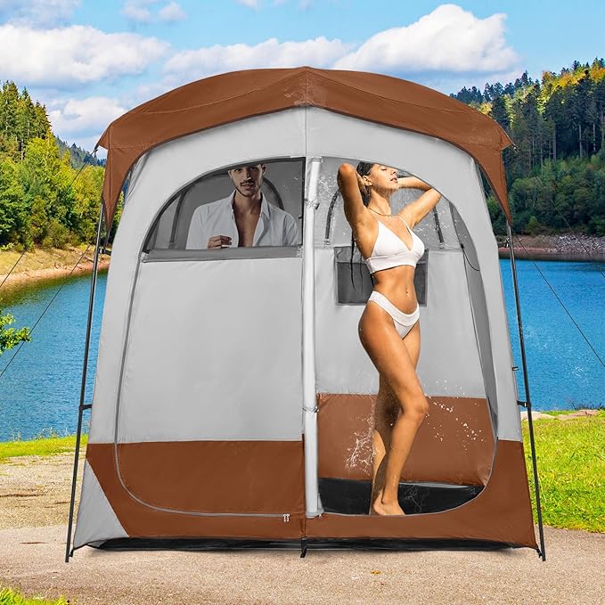 LDAILY Camping Shower Tent, 2 Room Instant Privacy Tent with Floor, Removable Rain Cover, Mesh Window, Inside Pocket and Clothesline, Portable Changing Room for Outdoor Toilet, Dressing