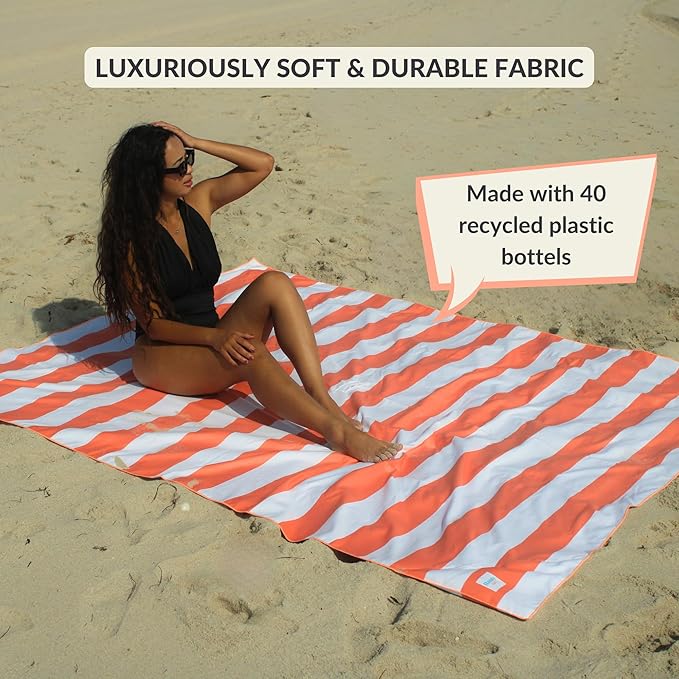 Plush Microfiber Beach Blanket, Extra Large Beach Mat for 3-6 Persons, Sandproof, Windproof | Hole for Umbrella, Corner Sand Pockets to Fight Wind (Bag for Blanket Included)