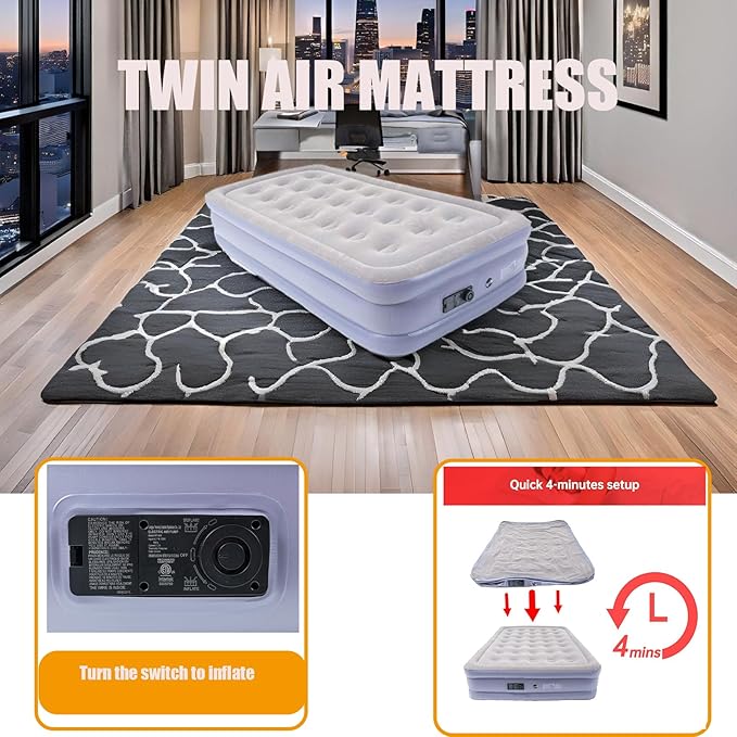 Twin Air Mattress Bed with Built in Pump,16 Inches High Airbed Inflatable Mattress,Comfort Thickened Blow Up Air Mattress,Travel Sleeping Pad for Guests Home (Twin Size)