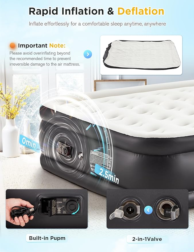 20" Queen Size Air Mattress with Built-in Pump - 2-Minute Setup, No Odd Smell, Supports 600 lbs - Perfect for Camping, Guests & Home Use - Includes Storage Bag
