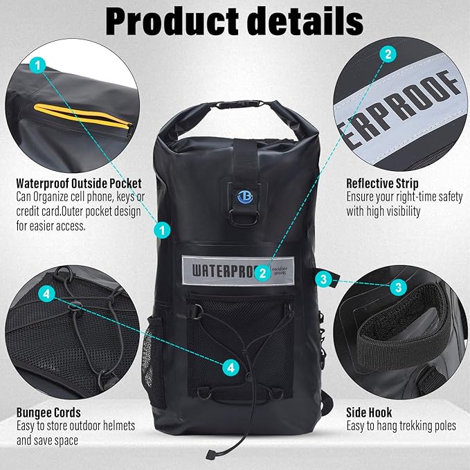 Blueshyhall 32L Waterproof Dry Backpack, Roll Top Sack Storage Bag for Travel Kayaking Rafting Boating Fishing Camping, Black