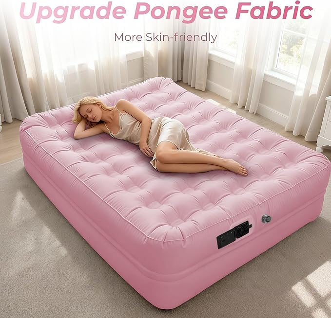 Queen Air Mattress with Built-in Rechargeable Battery Pump, Cooling Pongee Fabric Material, Waterproof & Leakproof Air Mattress Queen, Camping Airbed, (18", Pink)