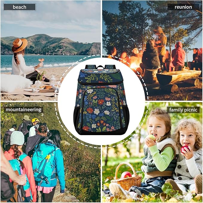 Wildflowers Dark Blue Cooler Backpack Cooler Insulated Leak Proof Lunch Backpack 36 Cans Waterproof Soft for Men Women Picnic Hiking Camping Beach