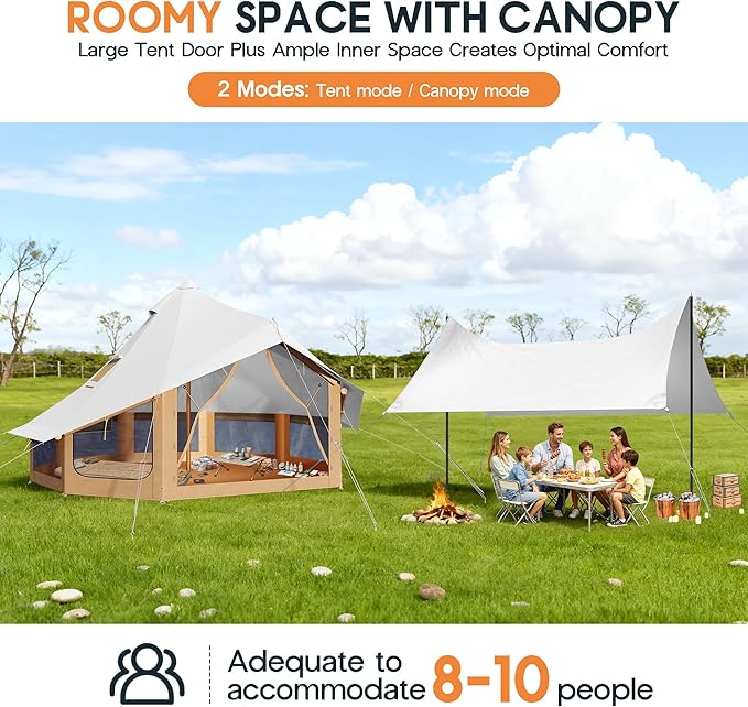 SPECRAFT Canvas Bell Yurt Tents & Inflatable Tent for Camping, Waterproof Glamping Tent with Stove Jack, Breathable Mesh, Snowproofing Spacious 4-Season Family Shelter for Outdoor, Camping, Parties