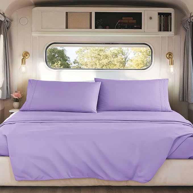 Hearth & Harbor Short Queen Sheets for RV, Lavender RV Queen Sheets, Silky Soft 1800 Microfiber Bed Sheet for Camper, 4 Piece RV Bedding with Pillowcases