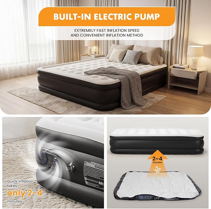 NEWBULIG Queen Air Mattress with Built-in Pump for Home, Thicken Inflatable Mattress Air Bed for Camping & Guest, Portable Blow Up Mattress 660 lbs Weight Capacity, Double Height & Non-Slip Bottom