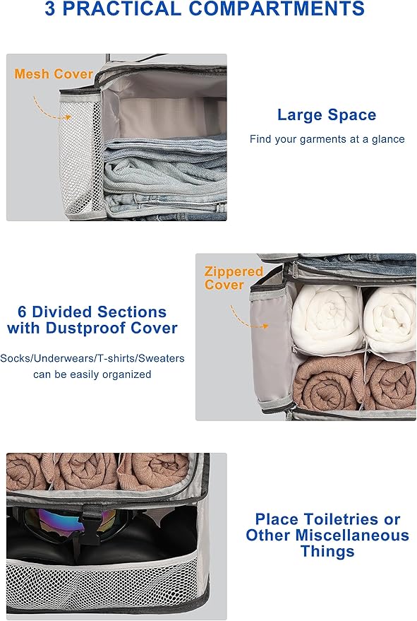 ELEZAY Hanging Packing Cubes Portable Closet 3-Shelf Travel Collapsible Compression Garment Organizer for Carry-on Luggage Suitcase Space Saver Bag X-Large_No Side Pockets, Lightgrey