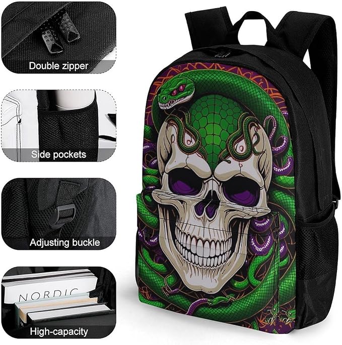 Backpack Polyester Anti-Theft Multipurpose Medusa Skull Green Snake Art Bookbag Large Capacity Laptop Book Bag Rucksack With Side Pockets