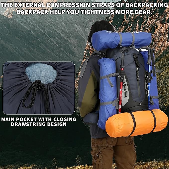 75L Hiking Backpack with Rain Cover Waterproof Camping Backpack Shoes Warehouse for Men Women, Frameless
