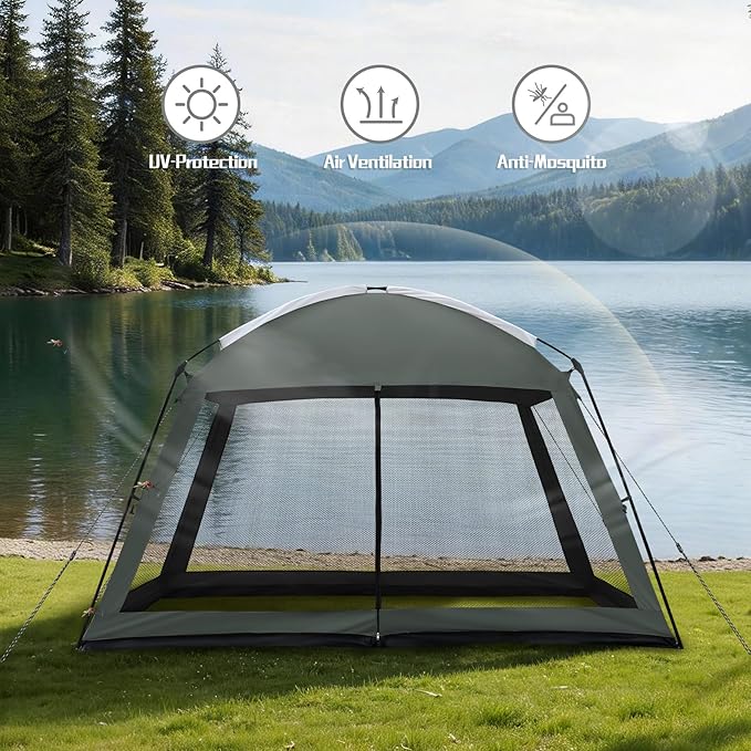 12 x 12 FT Camping Screen Tent for 8-10 Person, Easy Setup Screen House with UV 50+ Sun Protection & Mosquito Net for Camping, Backyard, Picnic, Patio Outdoor Gray