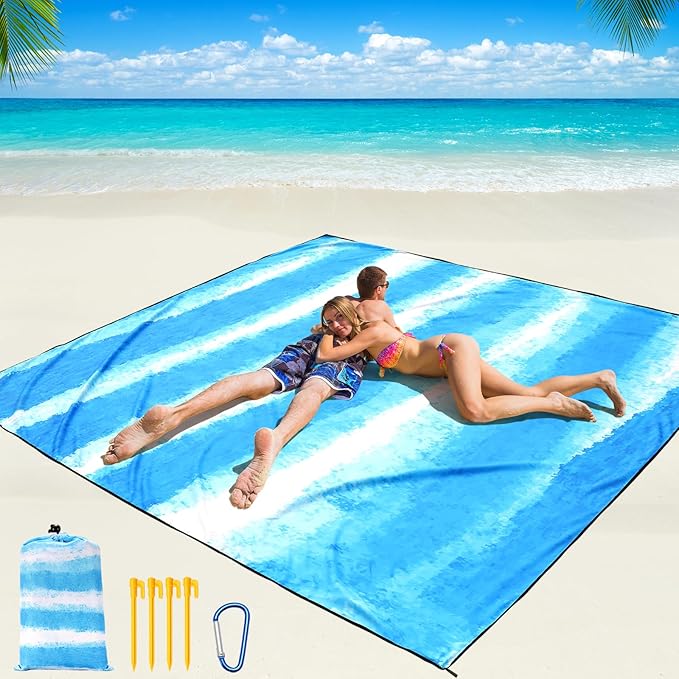 Beach Blanket Waterproof Sandproof Beach Mat 79" X 83"/10'x9'for 2-8 Adults Quick Drying Outdoor Picnic Mat Beach Accessories for Travel, Camping, Hiking