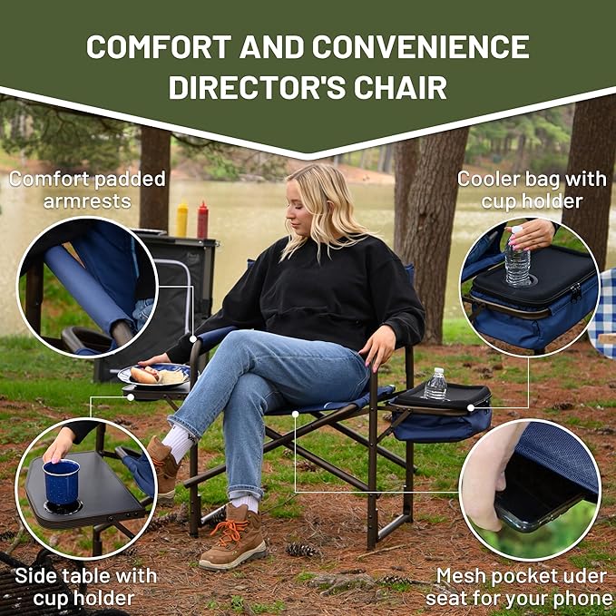 TIMBER RIDGE Folding Camping Chair with Cooler Bag, Director Chair Foldable with Side Table for Adults, Camp Chairs for Outdoor, Lawn, Sports, Fishing, Heavy Duty Supports 300lbs, Blue