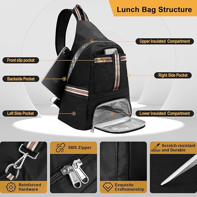 Crossbody Lunch Backpack, Double Deck Insulated Lunch Box for Men Women Adult, Leakproof Lunchbox with Side Pokets for iPad, Large Cooler Bag for Work Office Hiking Beach Picnic, Black-Pro