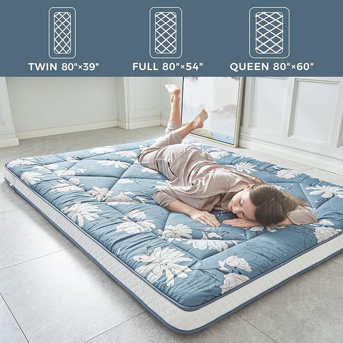 Japanese Twin Foldable & Portable Roll up Camping Mattress, Thicken Sleeping Mattress with Flower Pattern