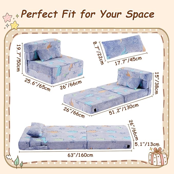 Folding Sofa Bed Floor Mattress for Kids with Pillow Toddler Glow in Dark Washable Mat for Sleeping, Child Fold Up Dinosaur Chair Bed with Storage Bag for Playroom, Camping, Girls Boys, Blue