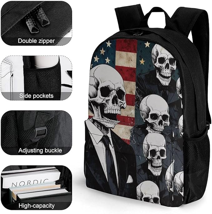 Lightweight Daypack Backpack for Sports Travel Running, Large Capacity Multipurpose Anti-Theft Bookbag, Skull American Flag Blue Red White Laptop Backpack Daypack