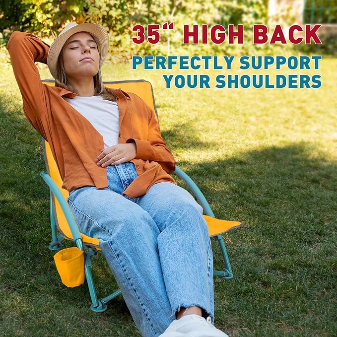 NORTHROAD 2 Pack Low Folding Beach Chair,Portable Lightweight Lowback Sling Chair, Outdoor Low Seat Camping Chair w/Cup Holder & Carry Bag for Sand Camping Lawn Picnic Festival,Orange