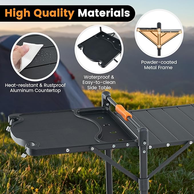 Goplus Camping Cooking Table, Outdoor Grill Table, Folding Camp Kitchen with Aluminum Tabletop, 4 Side Tables, Storage Rack, Portable Cook Station Prep Table for Outside Picnic BBQ RV Tailgate