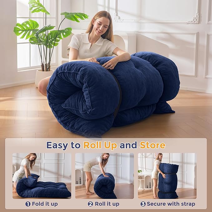 MAXYOYO Floor Mattress Full Size, 6" Chenille Japanese Futon Mattress Foldable Floor Bed for Adults Tufted Roll Up Floor Couch Bed, Tatami Mat Sleeping Pad for Living Room, Bedroom, Navy