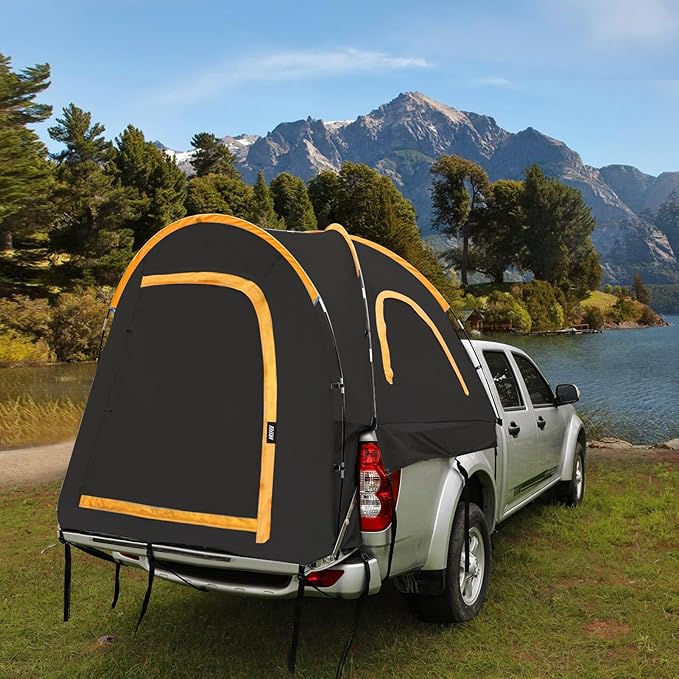 Pickup Truck Blackout Tent, Portable Truck Bed Tent for Camping, Waterproof PU2000mm Double Layer for 2 Person, Compact and Full Size Regular Bed Long Bed (Black)
