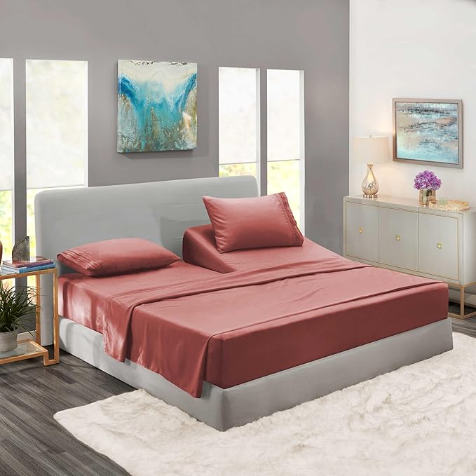 Clara Clark Flex Top King Sheets - Hotel Luxury 6 Piece Bed Sheets for Top Split King Bed - Soft Bedding Sheets & Pillowcases, Head Split King Size. Pink Clay